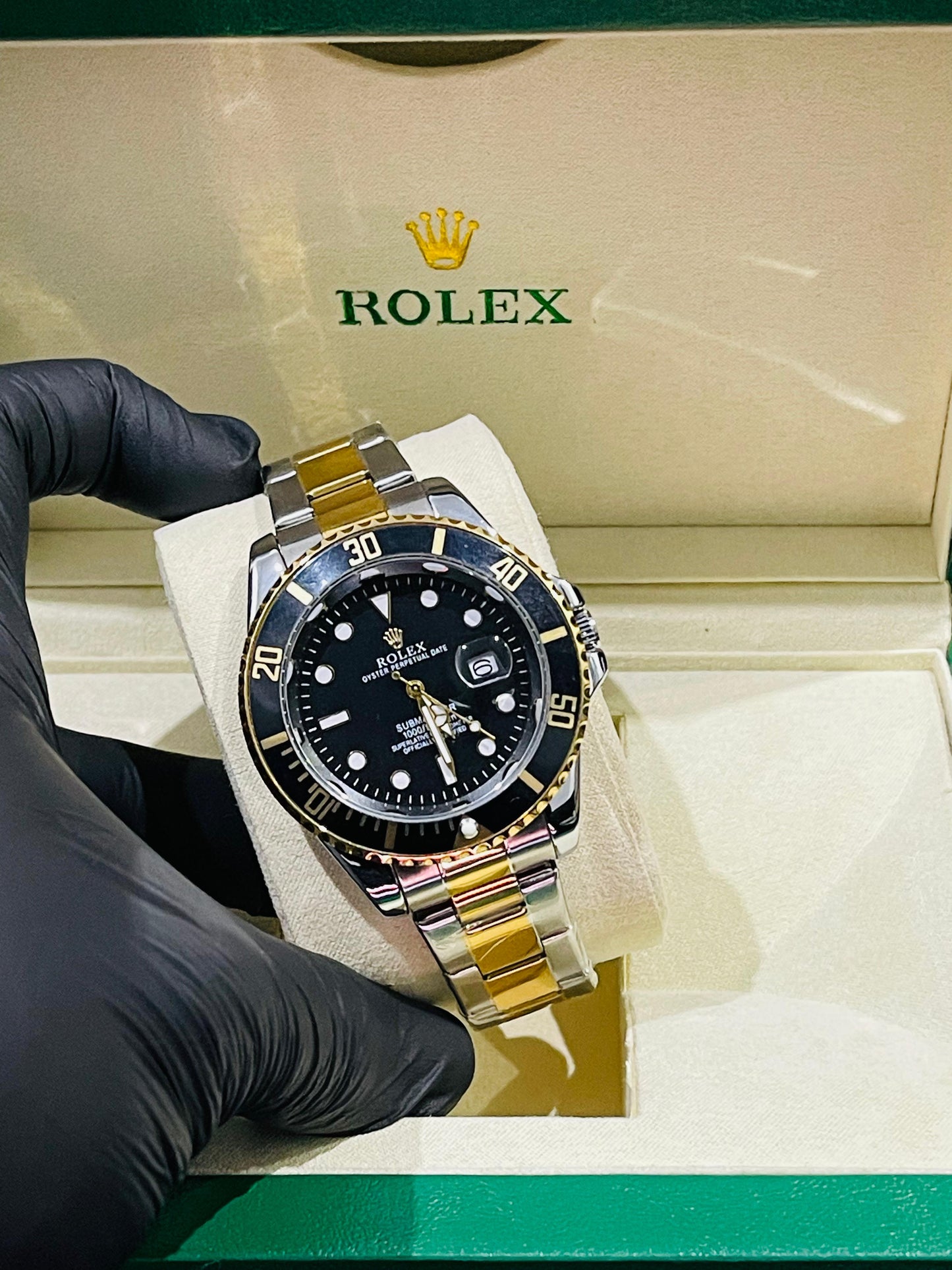 "Rolex submariner strap with rotating golden & black dial date just"