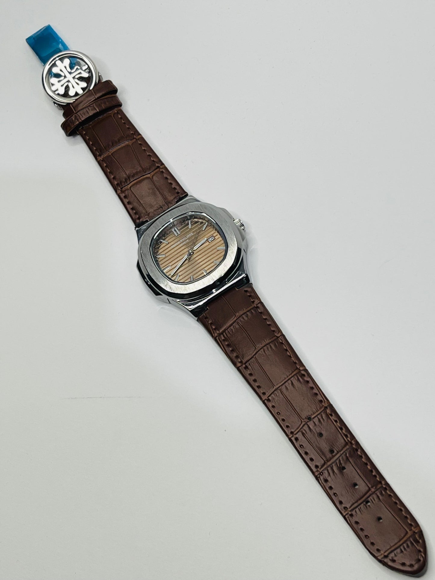 "Patek Philippe walnet dial with brown leather strap watch"