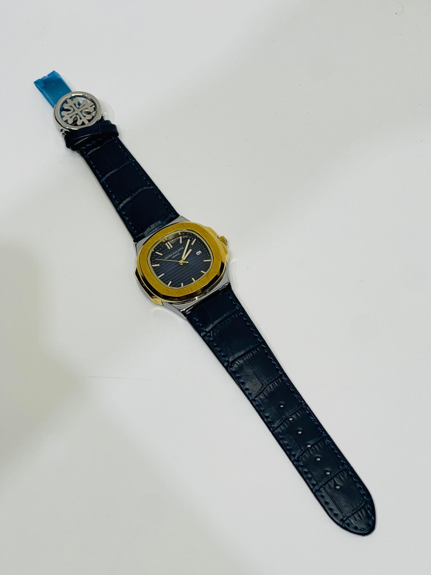 " Patek Philippe navy blue dial with blue leather strap watch"