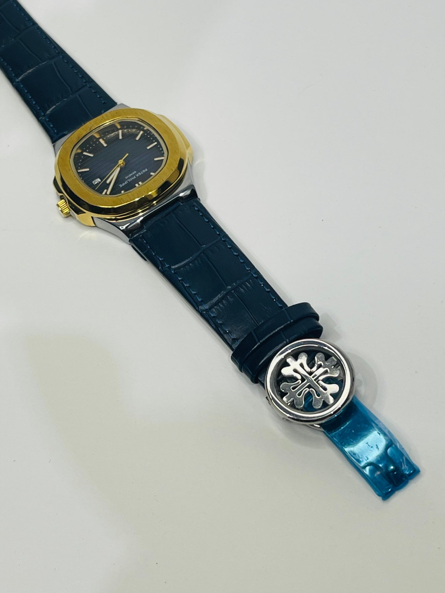 " Patek Philippe navy blue dial with blue leather strap watch"