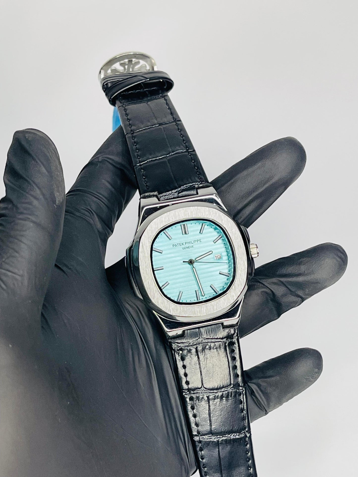 "Patek Philippe Sera Blue dial with Black leather strap watch"