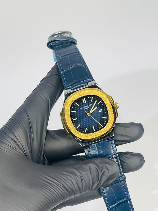 " Patek Philippe navy blue dial with blue leather strap watch"