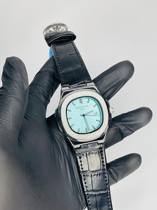 "Patek Philippe Sera Blue dial with Black leather strap watch"